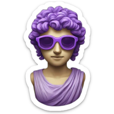 an EMOJI OF A ancient young greek statue, wearing VR glasses, purple colors, DIGITAL UNIVERSE sticker