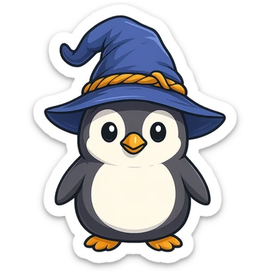 A penguin wizard with a different, unique wizard hat in the style of sticker (cartoonish stickers). sticker