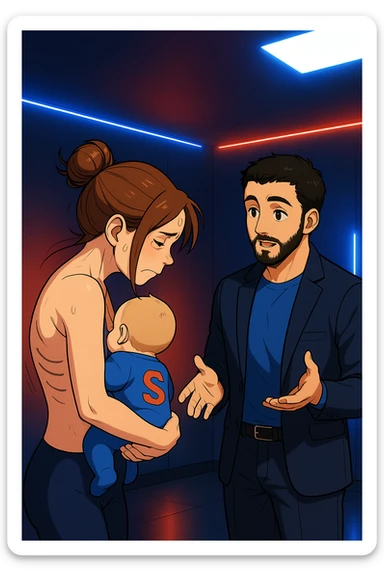 ispirati a questo stile di disegno e fai questa immagine in versione manga/webtoon a colori, il manga mostra la donna preoccupata di profilo con la postura sbagliata e incurvata, spalle chiuse e curve in avanti, con un neonato in braccio con una tutina azzurra e la scritta "S" sulla schiena, spina dorsale storta della donna in evidenza mentre ascolta l'uomo mentre l'uomo gli sta spiegando una cosa, ma non fare i fumetti, fai come se stessero parlando sticker