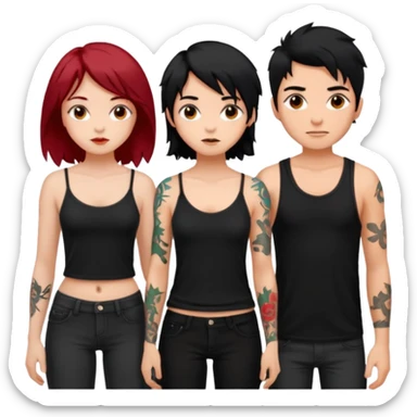 generate a fair boy with messy black hair, tattoos. standing beside a fair black haired girl wearing a black cami top and a tan girl with red hair sticker