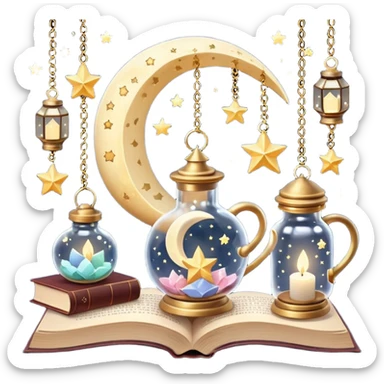  crescent moons, stars with ribbons, tiny clouds, crystal bottles, cozy mugs, mini lanterns, and floating books. Smooth textures, soft magical lighting, realistic shadows, very detailed, high-resolution, dreamy and enchanting aesthetic, super cute and charming." sticker