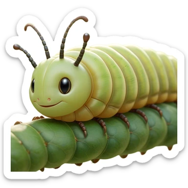 Beautiful and Majestic Caterpillar Portrait Emoji, Head and body rendered in serene repose with a gentle, content smile, showcasing a delicately segmented form with softly textured hues and eyes peacefully closed in tranquil slumber, Simplified yet exquisitely endearing features, highly detailed, glowing with a soft, drowsy natural light, high shine, relaxed and utterly noble, stylized with an air of graceful metamorphosis, soft glowing outline, capturing the essence of a beautiful and majestic caterpillar that embodies the quiet promise of transformation! sticker