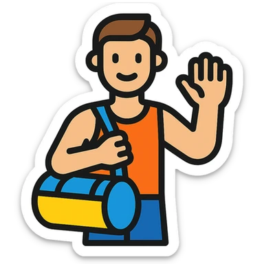 a sportsman holding his gymbag waving his hand goodbye sticker