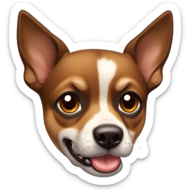 black brown mutt dog with small german shephard head but larger chihuahua eyes and large overbite with left upper sharp canine tooth a bit crooked and sticking out mouth sticker