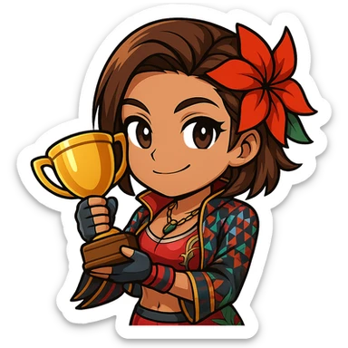 Azucena from Tekken 8 in chibi sticker style, holding a trophy with a proud and happy expression, wearing the detailed red and patterned outfit from the reference images, designed for Twitch emote use. sticker