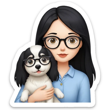 A girl with long black hair and glasses holding a white dog sticker