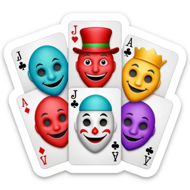 bunch of 3 poker cards, with crazy colorful human jolly jokers inside, inversed face sticker