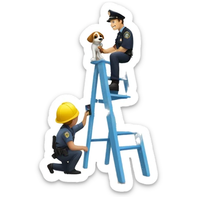 A child on a ladder who is painting on a wall, while a police officer and its dog is staring from the ground to the child, there is also a camera pointed towards the child  sticker