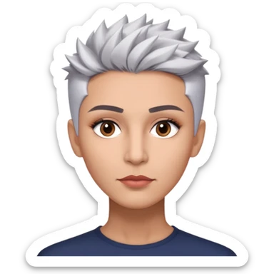 Marian Pabón with elegant facial features, light rosy complexion, expressive made-up eyes, medium well-defined lips, sophisticated pronounced cheekbones, short spiky silver hair styled like a men's cut sticker