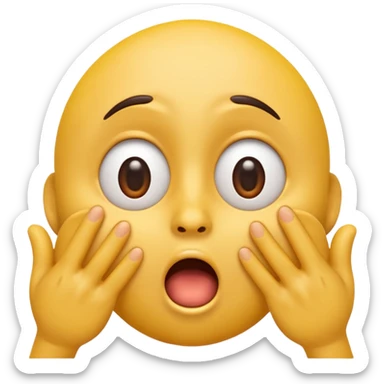 A 3D glossy yellow emoji of a shocked horrified face with no nose, with mouth and eyes are wide open, eyebrows  raised, and hands against their cheeks, black background, high quality, soft studio lighting sticker