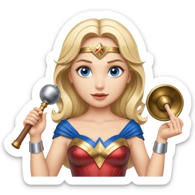 Blonde blue eyes Wonder Woman holding bell and short white orchestra conductor’s baton  sticker