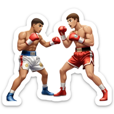 Two professional boxers in the ring, fighting for the world champion title. One delivers a long punch to the head, while the other skillfully dodges. The background features a crowded arena with bright lights and intense action. Transparent background sticker