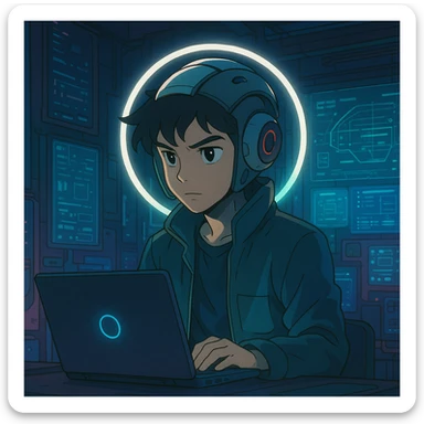 ghibli style futuristic tech boy with robot helmet, glowing white circle, high-tech laptop, neon cyberpunk room, holographic displays, focused, mysterious sticker