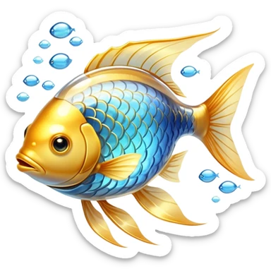 Ethereal golden fish with translucent glowing scales transforming into or carrying a shining golden omega-3 capsule. The fish appears magical and flowing, with streams of light connecting it to the capsule. Both elements emit a soft radiant glow in a dreamy atmosphere with subtle blue undertones. sticker