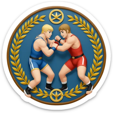 An icon symbolizing wrestling combat sports in the style of an emblem. The design features two wrestlers locked in a powerful grapple, one attempting to take the other down. Surrounding the scene are stylized elements like a championship belt, wrestling mat, and a laurel wreath. sticker