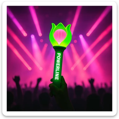 green and pink K-Pop lightstick with 'POWERLINE' on the handle, dramatic concert lighting, crowd silhouettes sticker