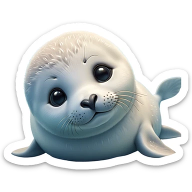 Cinematic Cute Baby Seal Portrait Emoji, Head tilted playfully and inquisitively, featuring a charming, pudgy body with velvety, damp fur, oversized round eyes brimming with innocent wonder, and a soft, cuddly face, Simplified yet irresistibly adorable features, highly detailed, glowing with a warm, frosty glow, high shine, affectionate and lively, stylized with a touch of whimsical polar magic, soft glowing outline, capturing the essence of a mischievous yet loving baby seal that seems as if it could waddle out of the screen into your arms! sticker