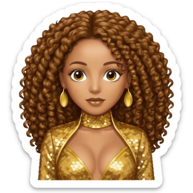Melanie Brown with brown long curly hair, gold outfit sticker