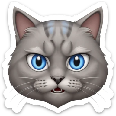 angry grey cat blue small slanted eyes. iphone real emoji style, made the cat look challenging sticker