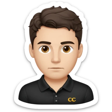 He’s a man with light to medium skin, a defined oval face, full brows, deep-set eyes, and wavy short dark brown tall hair styled with height, sides are trimmed. muscular. expression calm and focused relaxed black polo shirt. polished, articulate, and coach vibe. tall hair.  sticker