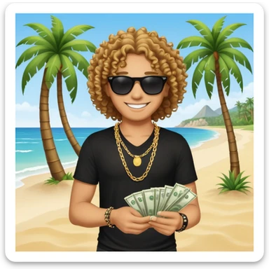Smiling person with curly hair in black shirt and chain necklace, holding money bundles, black sunglasses, tropical beach scene with palm trees sticker