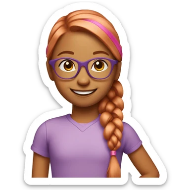 smiling six year old Girl with straight copper colored hair in a ponytail outdoors with pink glasses sticker