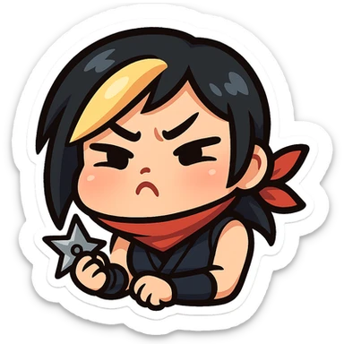 Sexy chibi ninja girl with black short hair and a blonde streak, only head and arms, colorful chibi style with bold outlines, transparent background, no mask, pouting face with puffed cheeks and furrowed brows, sized for Twitch emoji use. sticker
