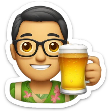 Japanese wearing glasses alohashirt is holding beer sticker