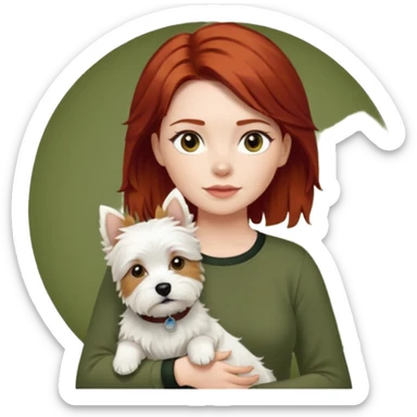 Westhighland white terrier dog being held by woman with dark shoulder length red hair and hazel eye wearing olive green top sticker