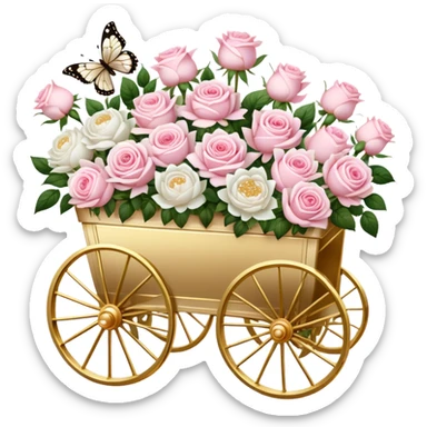 A nostalgic Parisian flower cart, overflowing with freshly picked pale pink roses and white peonies, its golden wheels glistening under the soft glow of lantern light, with pearl butterflies resting on the floral arrangements.
 sticker