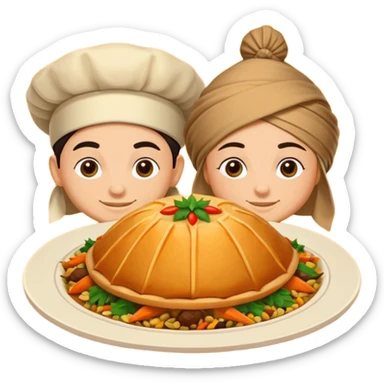 Uzbek cuisine avatar in bright emoji-style illustration. Classic dishes like plov and samsa, warm golden and earthy tones, simple shapes, flat design, high contrast, friendly and appetizing. sticker