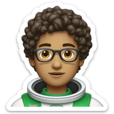 Light skinned Boy with black short curly hear and beardand glasses wearing a white astronaut suit with the saudi flag sticker