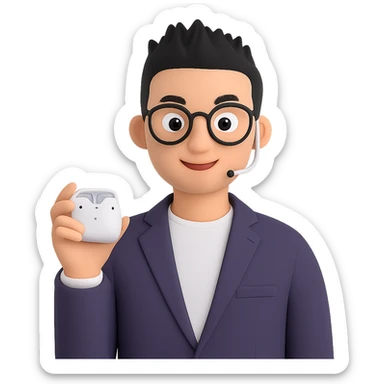 Change to a short spiky hairstyle, keeping the Memoji-style 3D cartoon look. Maintain all other features and accessories the same, with a smart casual podcast host vibe. No background. sticker