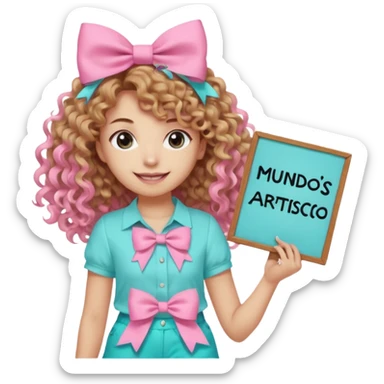 Crea una imagen mía kawai para stickers q tenga bonitos ojos cabello largo crespo color castaño claro y un hermoso moño rosa la blusa rosada y un hermoso chort color azul aguamarina y en sus manos un letrero q diga mundos Artistico Cc los zapatos estilo converse sticker