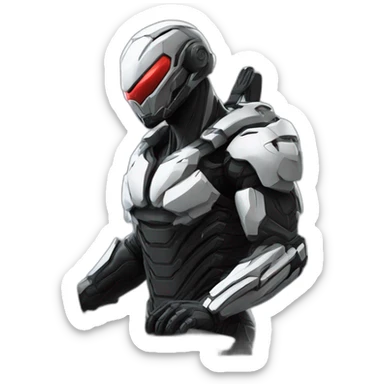 Side view developer behind his laptop with this style : Crytek Crysis Video game with nanosuit hacker themed character sticker