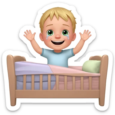 3 year old blonde boy with green-blueish eyes waking up from bed, raising both arms up. No tears. No scared face, he looks sad! Make the boy smile sticker
