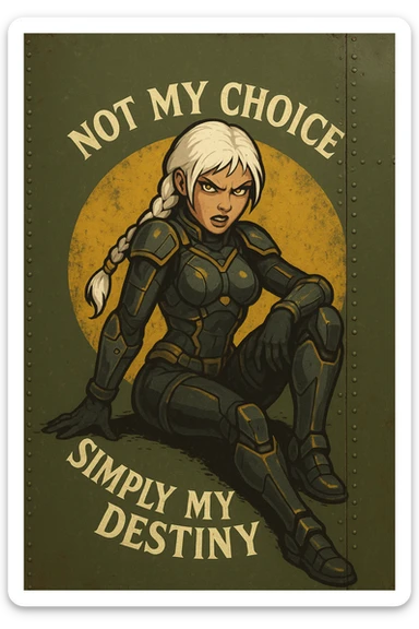 a retro military pinup fuselage decoration for the motto " not my choice, simply my destiny "
; female figure young and gorgeous, white hair 1 braid, gold yellow eyes, spacer, fierce, exo-rogue, menacing yet taunting sticker