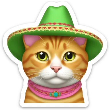8-year old orange tabby cat with white belly, chest, and lower face. His nose and inside of ears are pink. Light green eyes. No collar but he has a Mexican sombrero on his head. He is fat. He doesn't like wearing the hat. sticker