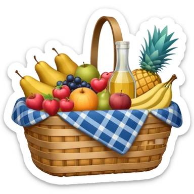 blue plaid lining basket with both food, drink and fruits sticker