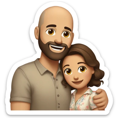 Brown-haired Puerto Rican woman with dark brown eyes wearing a cute blouse giving comforting hug to short, bald man with brown eyes, laugh lines, and a beard sticker