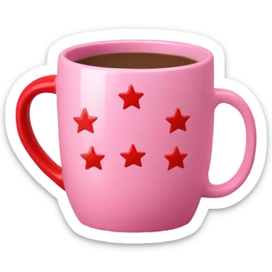 Pink ceramic coffee mug with mini red stars and red handle sticker