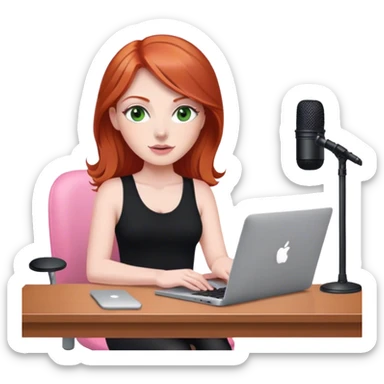 Redhead with green eyes sat at desk with pink MacBook and  podcast microphone black top and pink chair  sticker