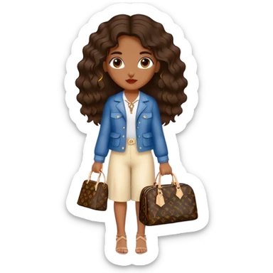  Brown girl with dark brown medium beach wavy hair carrying one Louis Vuitton purse on her arm while standing  sticker