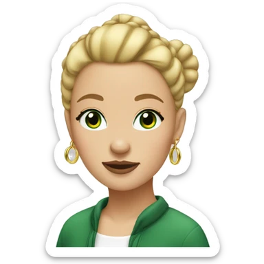 blonde girl with a bun on the top of her head, GREEN eyes, and gold hoop earrings sticker