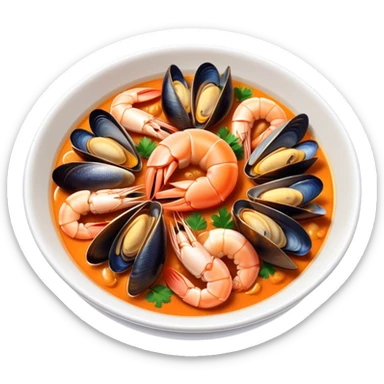 Cinematic Realistic Buzara Seafood Dish Emoji, depicted as a rustic, flavorful seafood stew with shellfish rendered with rich textures and dynamic, maritime lighting. sticker