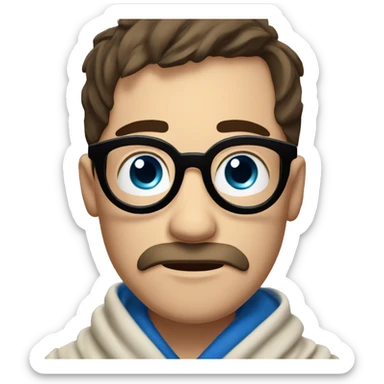 Pale Guy, dark brown narrow hair, moustache and stubble, blue eyes, round glasses, covered in blanket sticker