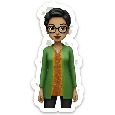 White girl in a green kurta with flower design, glasses, alot of piercing, gay, red lips, nose ring, full body, short straight black edgar hair, black straight hair sticker