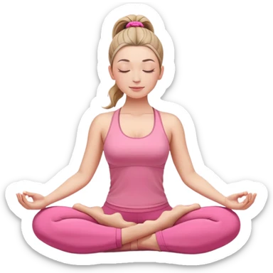 white woman with ponytail hairstyle in lotus position meditation yoga pose, closed eyes, relaxed face, wearing pink yoga outfit sticker