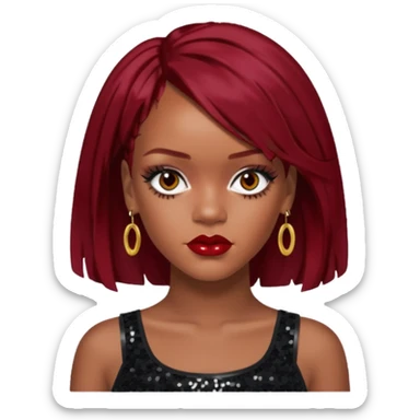 Rihanna with dark red hair, black sequin crop top, hazel eye sticker