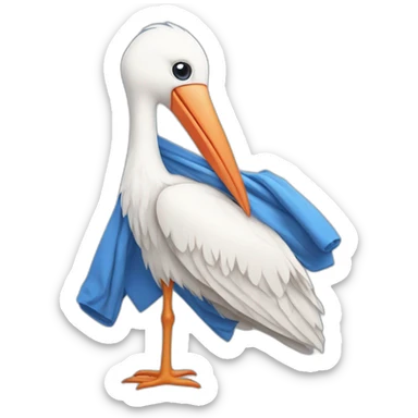 White stork carrying a blue bundle of cloth in its big beak that has a human person cute baby human inside and the human baby head is peeking from the fabric the strok is carrying in its beak sticker